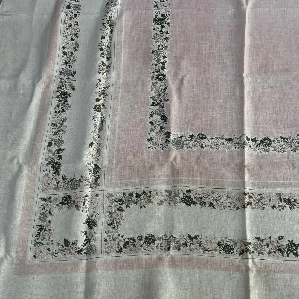 Vintage mid century printed cotton tablecloth 1950’s pink & white floral border